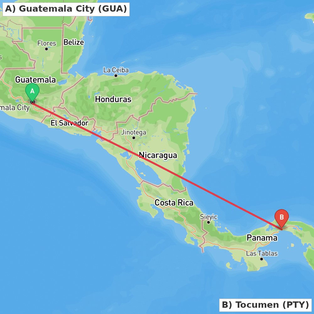 Flight route map from Guatemala City to Tocumen