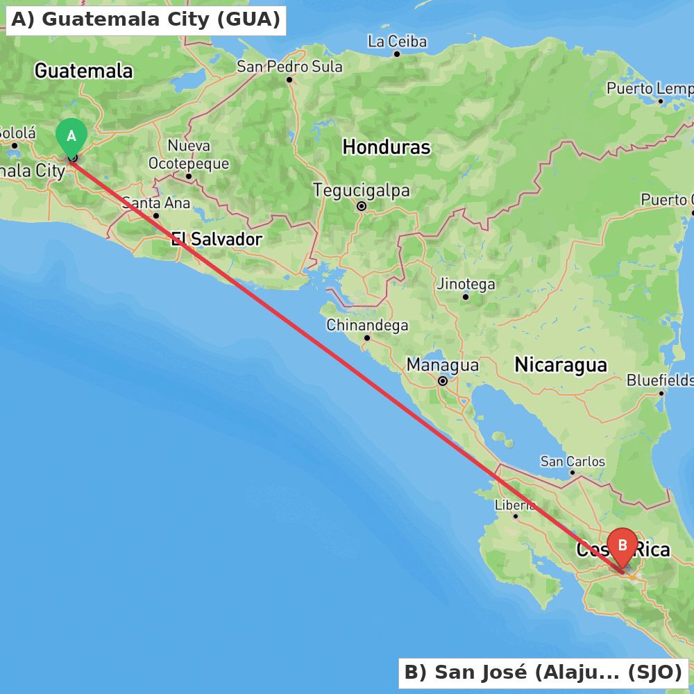 Flight route map from Guatemala City to San José (Alajuela)