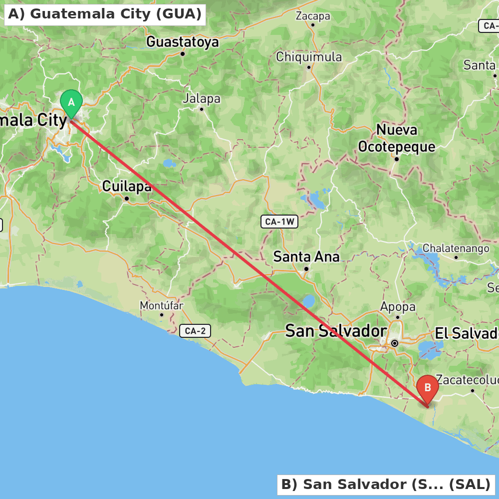 Flight route map from Guatemala City to San Salvador (San Luis Talpa)