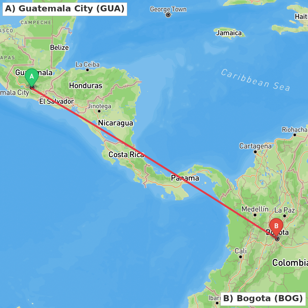 Flight route map from Guatemala City to Bogota