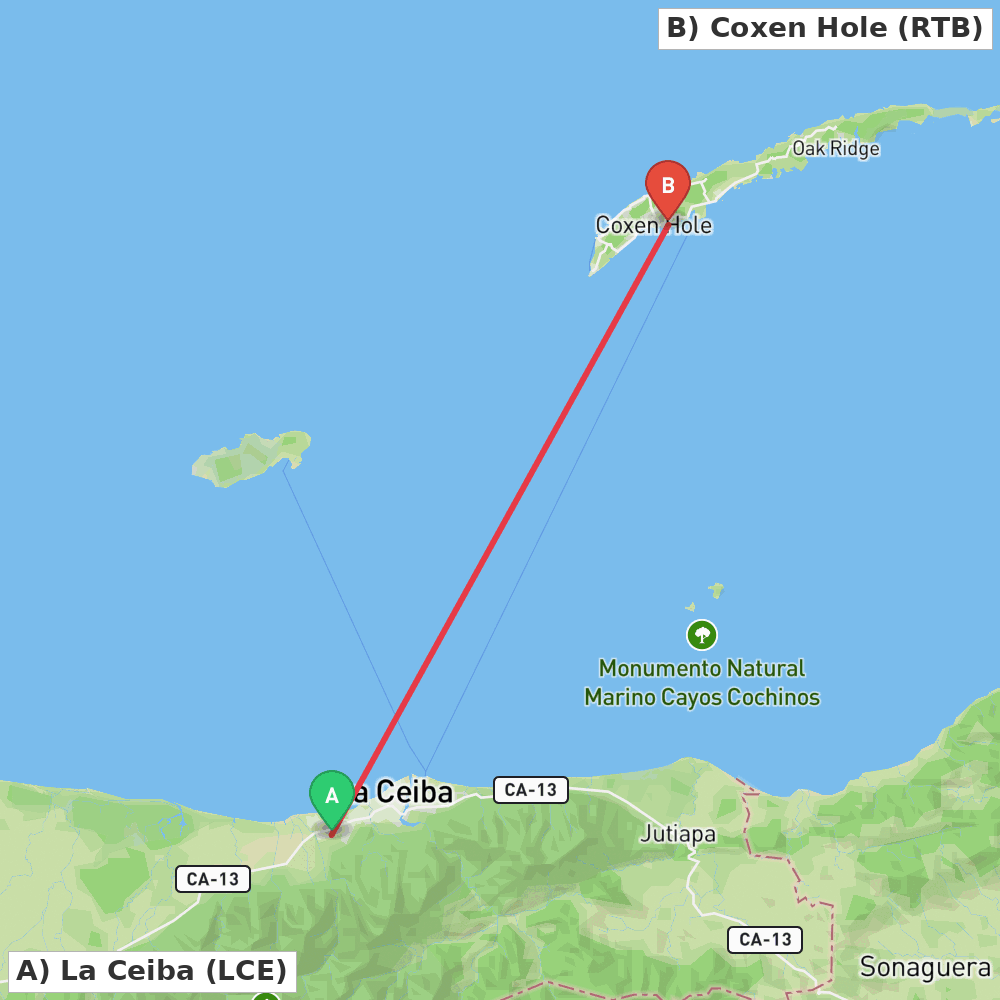 Flight route map from La Ceiba to Coxen Hole
