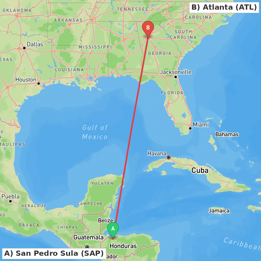 Flight route map from San Pedro Sula to Atlanta
