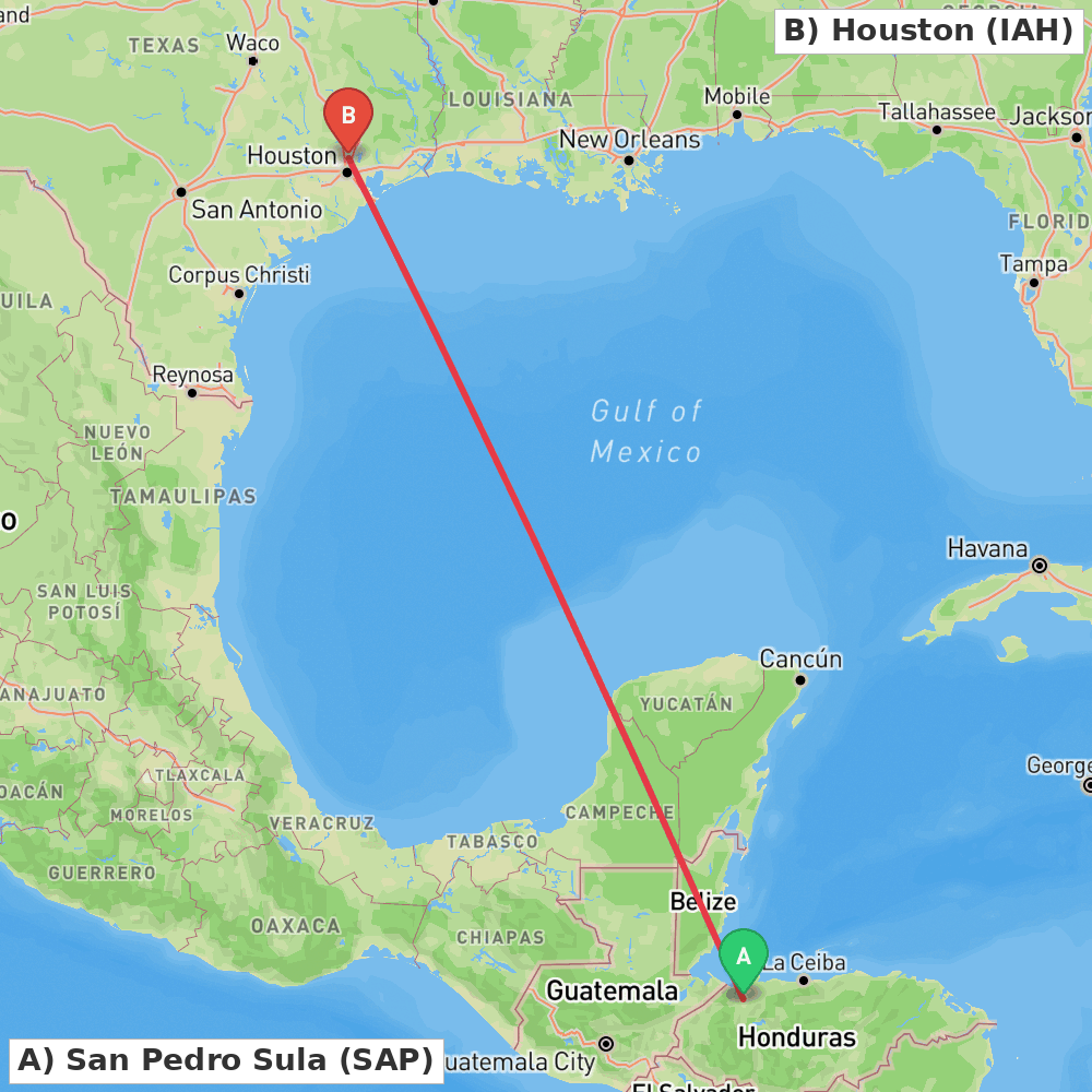 Flight route map from San Pedro Sula to Houston