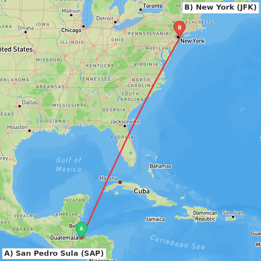 Flight route map from San Pedro Sula to New York