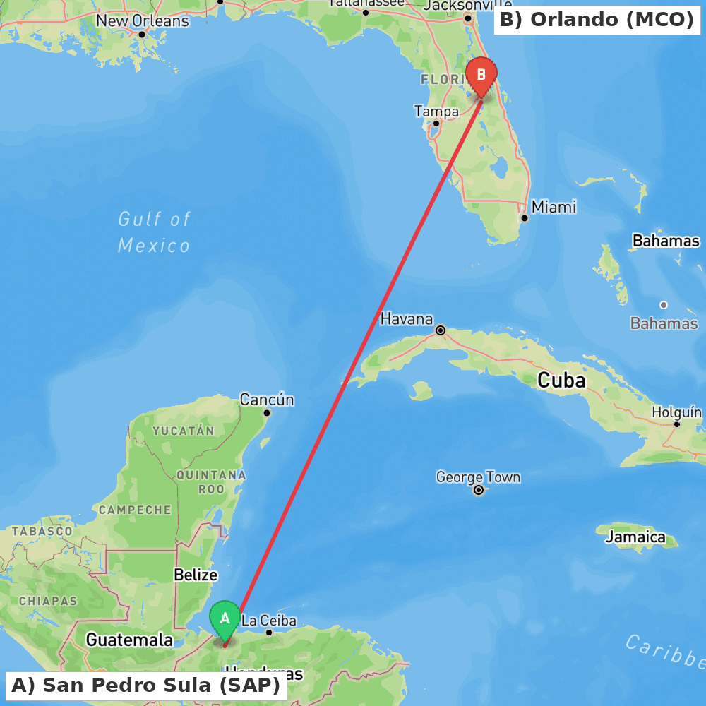 Flight route map from San Pedro Sula to Orlando