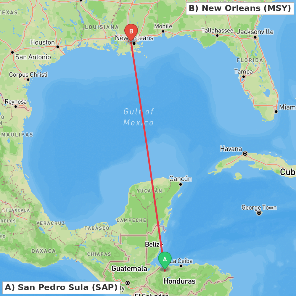 Flight route map from San Pedro Sula to New Orleans