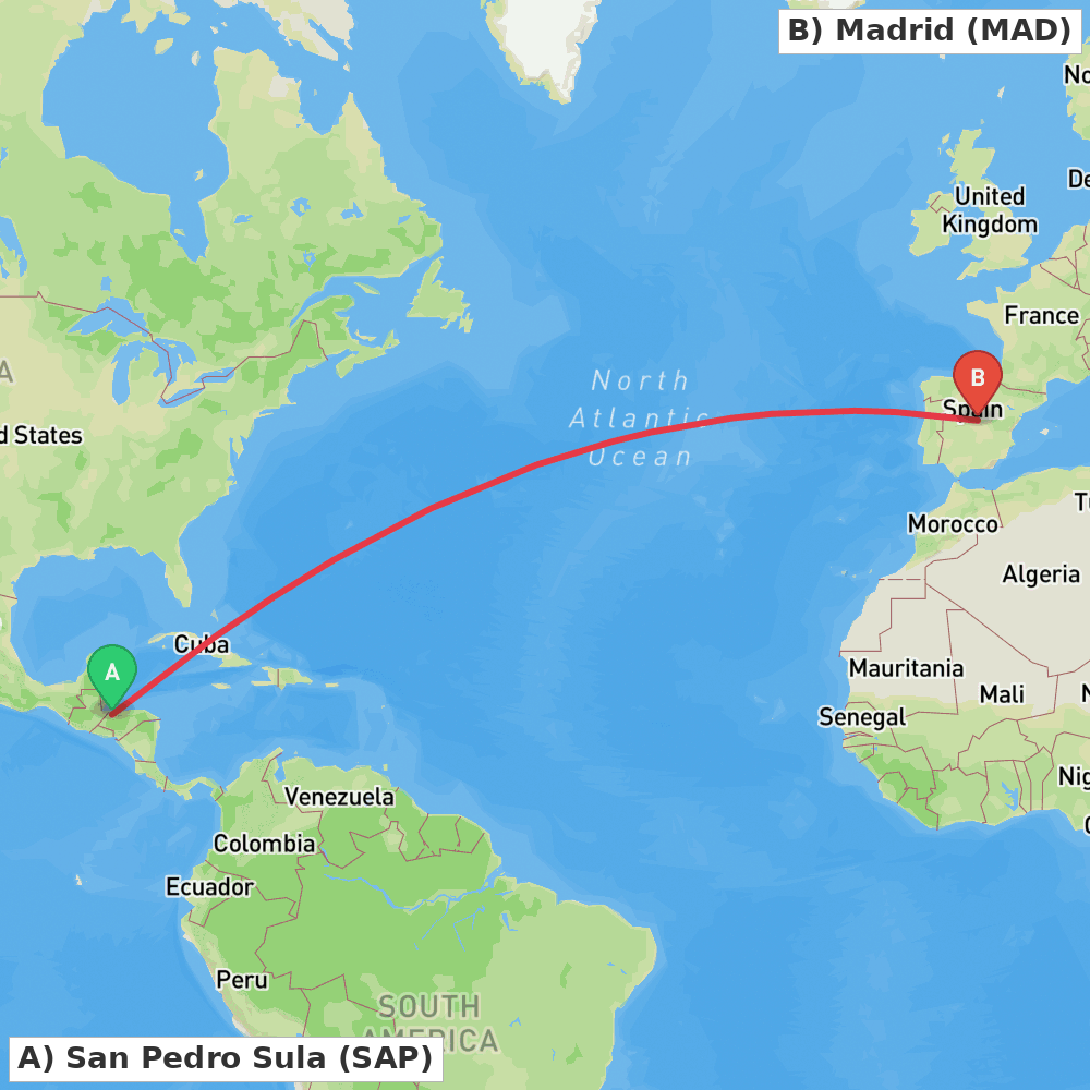 Flight route map from San Pedro Sula to Madrid