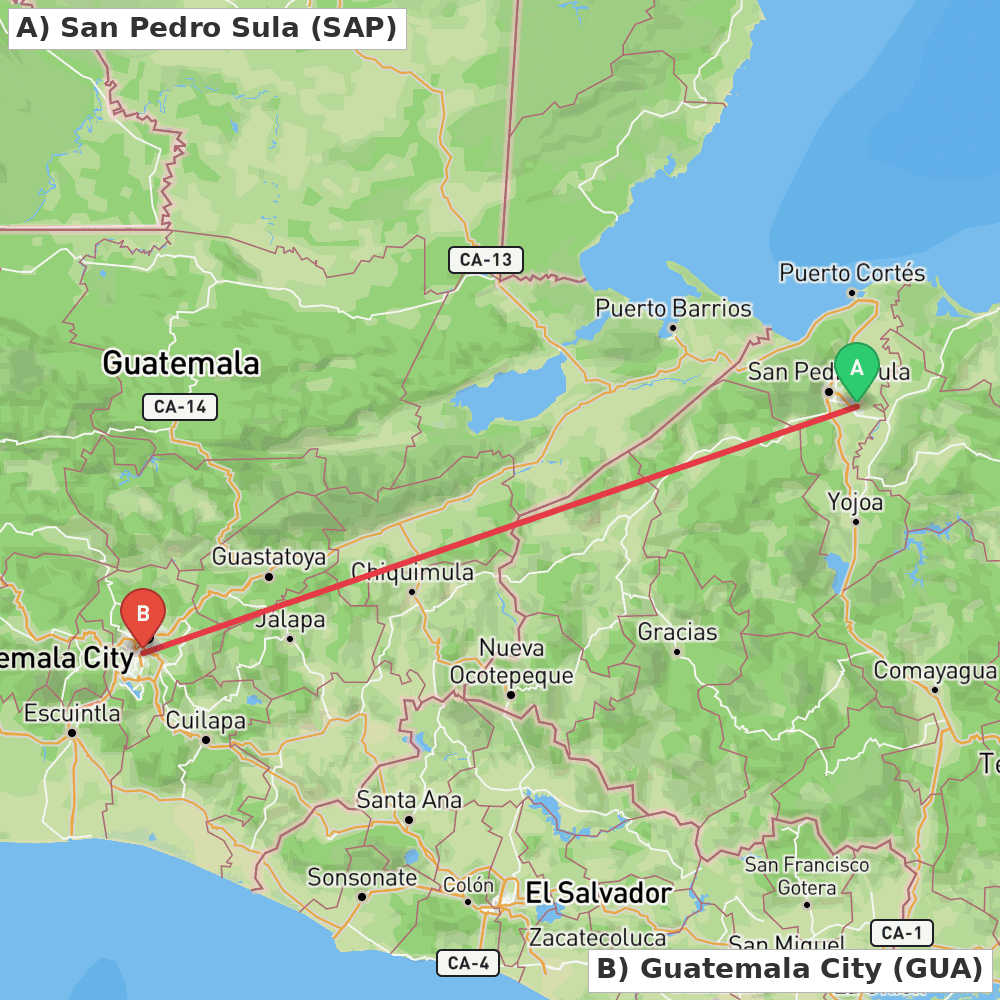 Flight route map from San Pedro Sula to Guatemala City