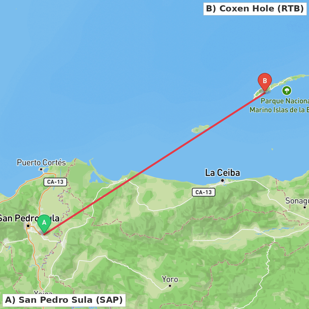 Flight route map from San Pedro Sula to Coxen Hole