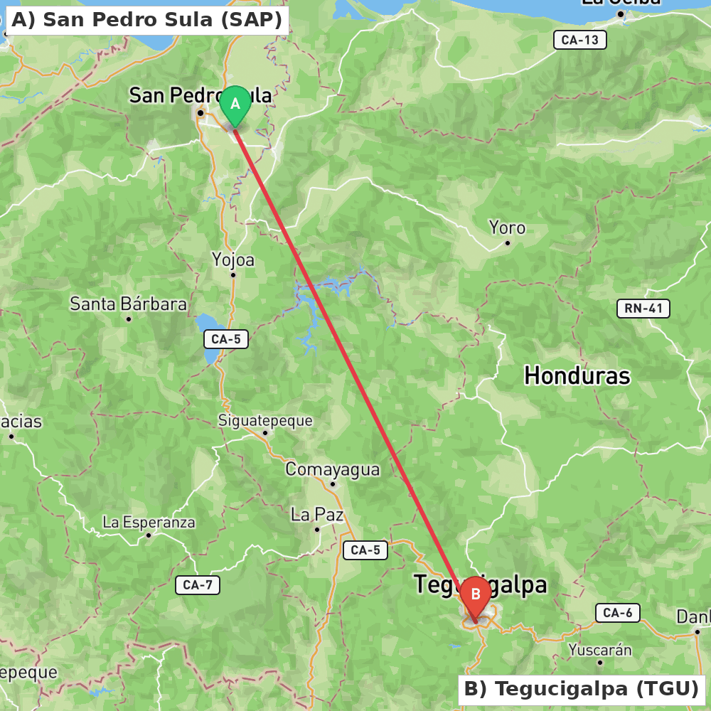 Flight route map from San Pedro Sula to Tegucigalpa