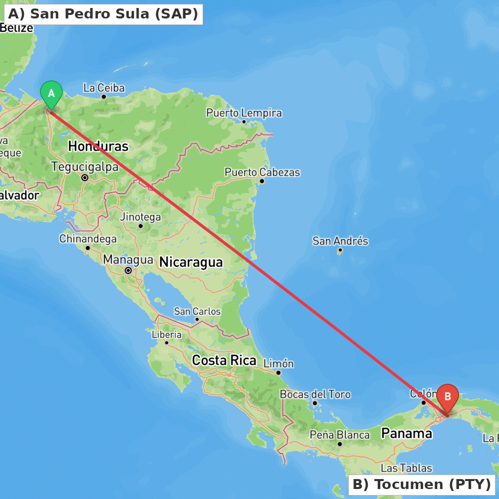Flight route map from San Pedro Sula to Tocumen