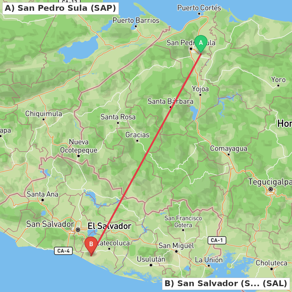Flight route map from San Pedro Sula to San Salvador (San Luis Talpa)