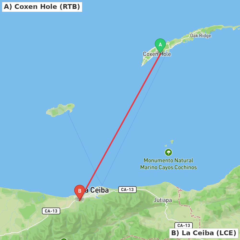 Flight route map from Coxen Hole to La Ceiba