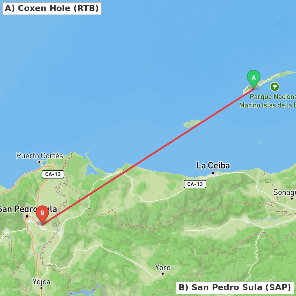 Flight route map from Coxen Hole to San Pedro Sula