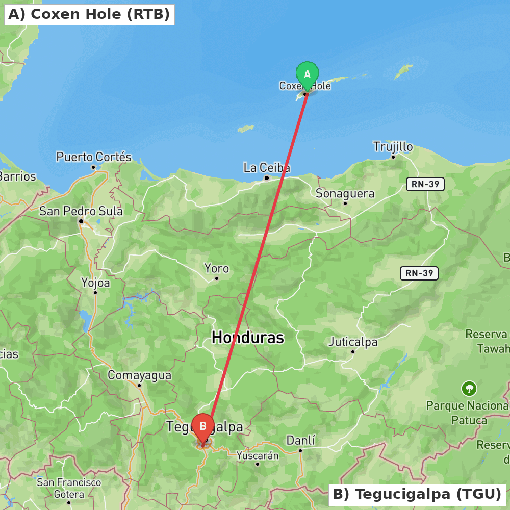 Flight route map from Coxen Hole to Tegucigalpa