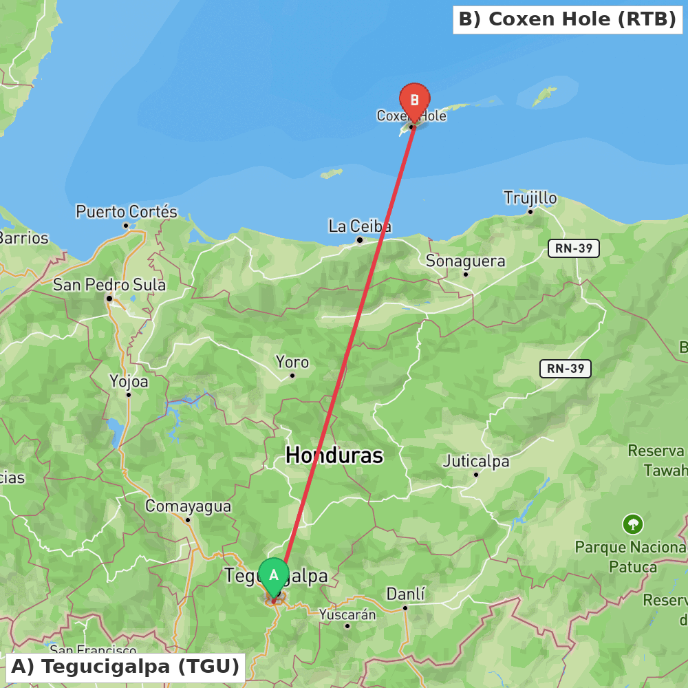 Flight route map from Tegucigalpa to Coxen Hole