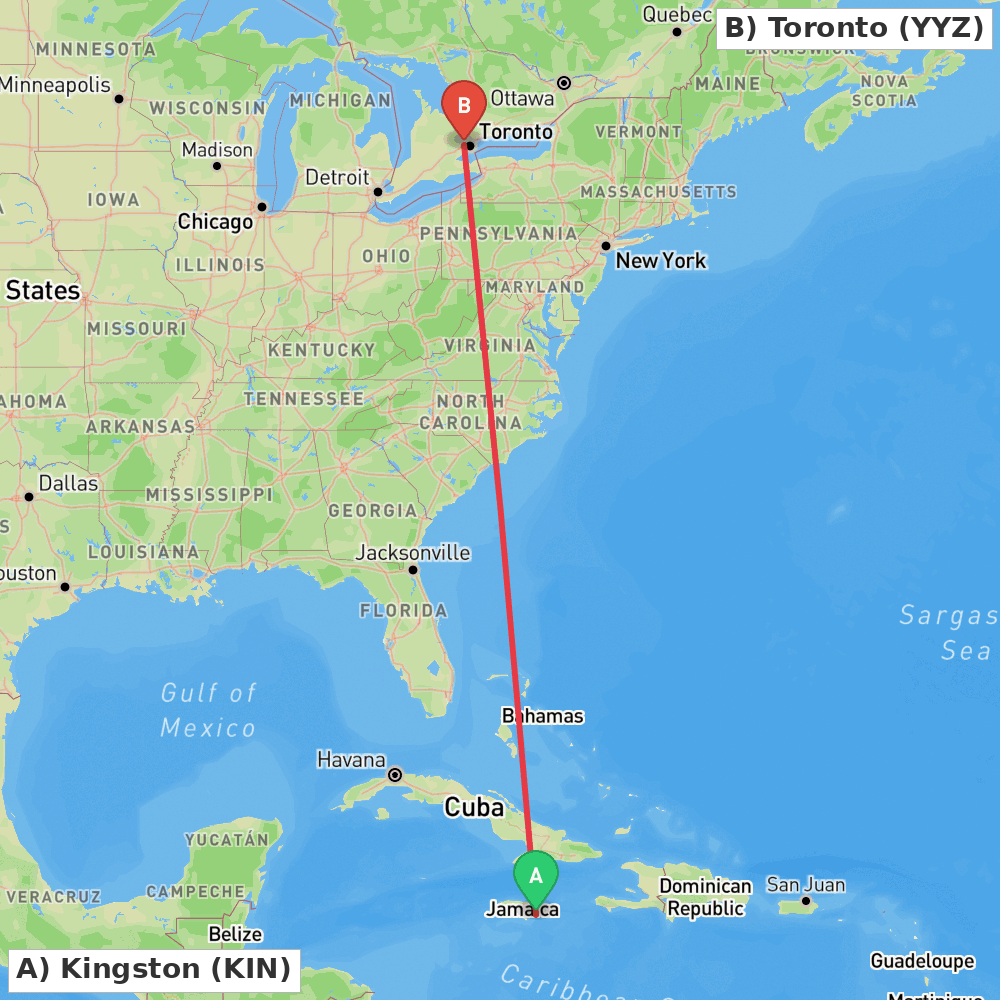 Flight route map from Kingston to Toronto