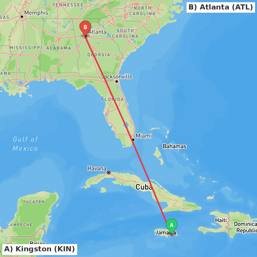 Flight route map from Kingston to Atlanta