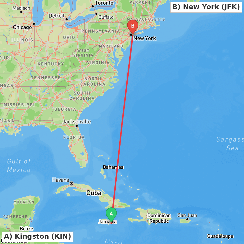 Flight route map from Kingston to New York