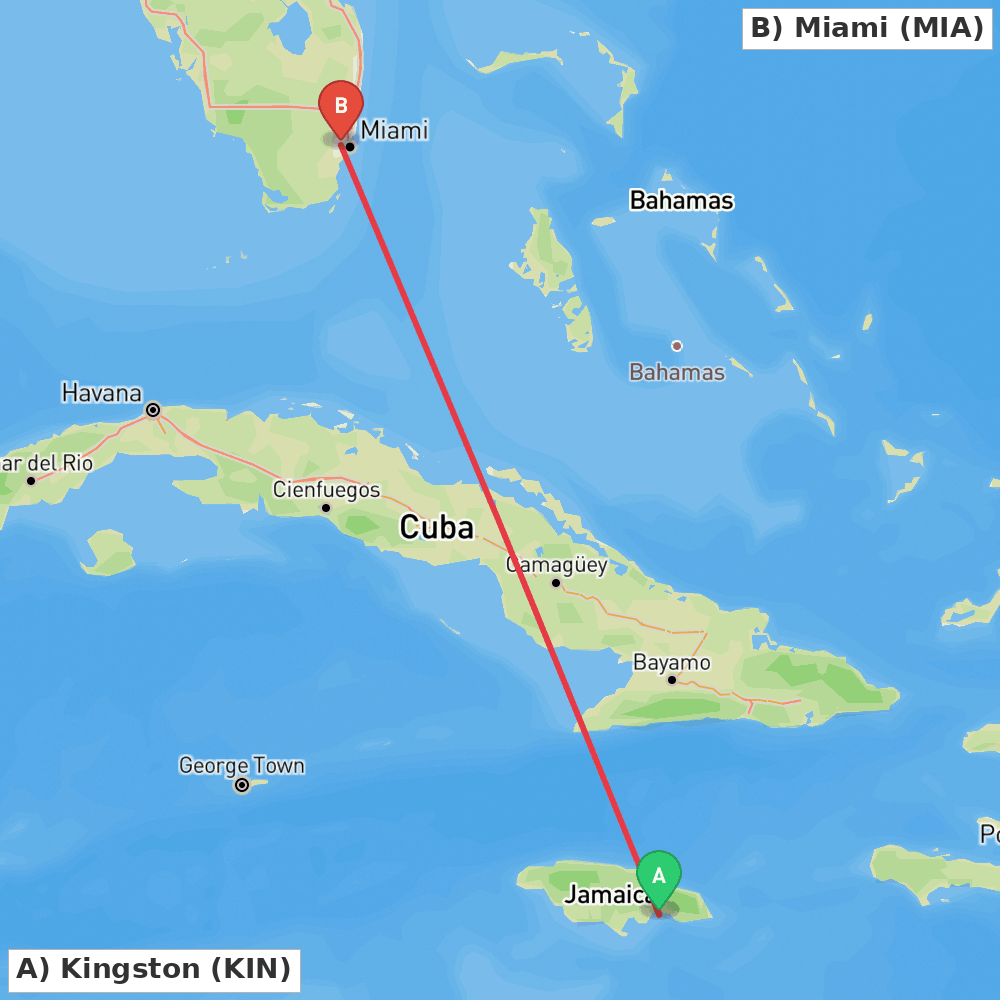 Flight route map from Kingston to Miami