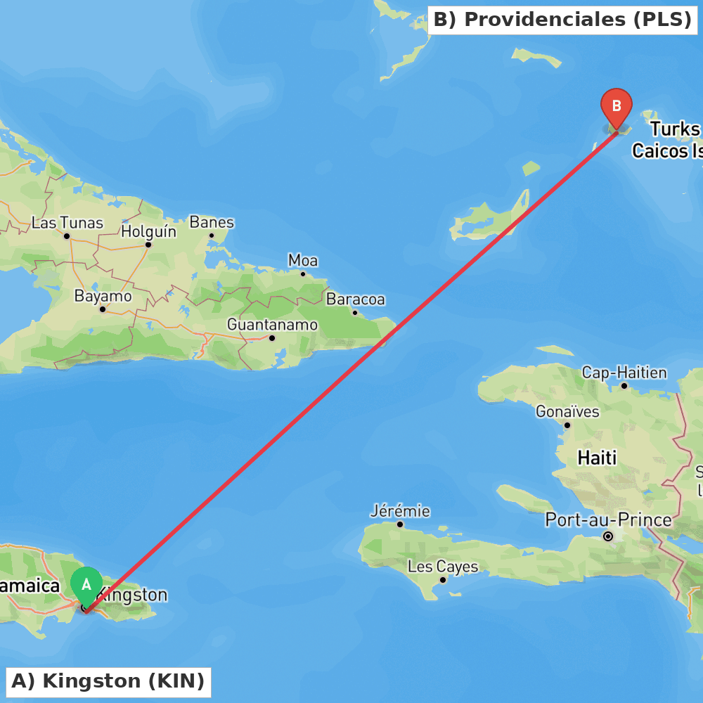 Flight route map from Kingston to Providenciales