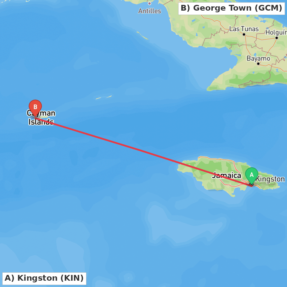 Flight route map from Kingston to George Town