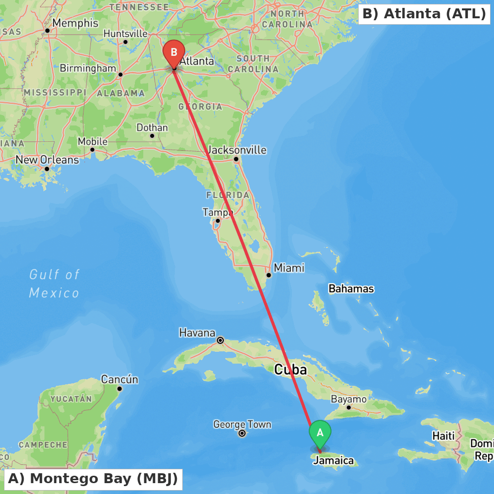 Flight route map from Montego Bay to Atlanta