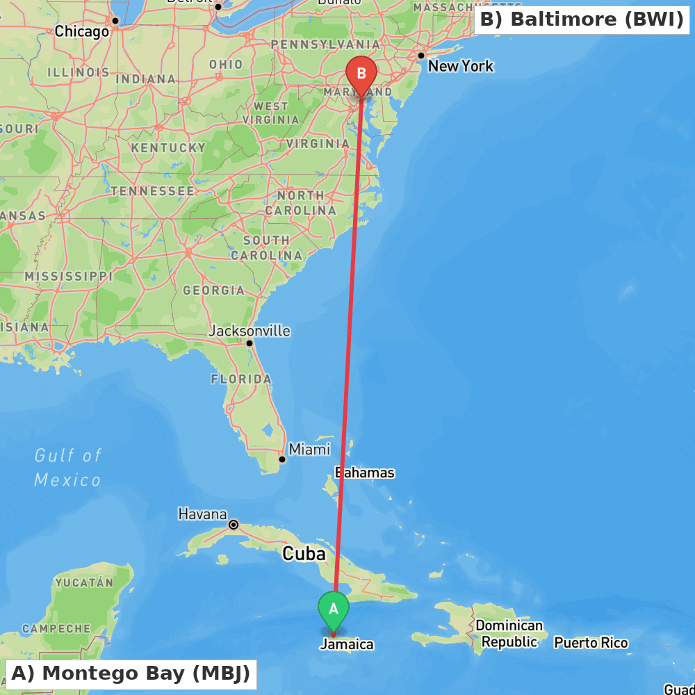 Flight route map from Montego Bay to Baltimore