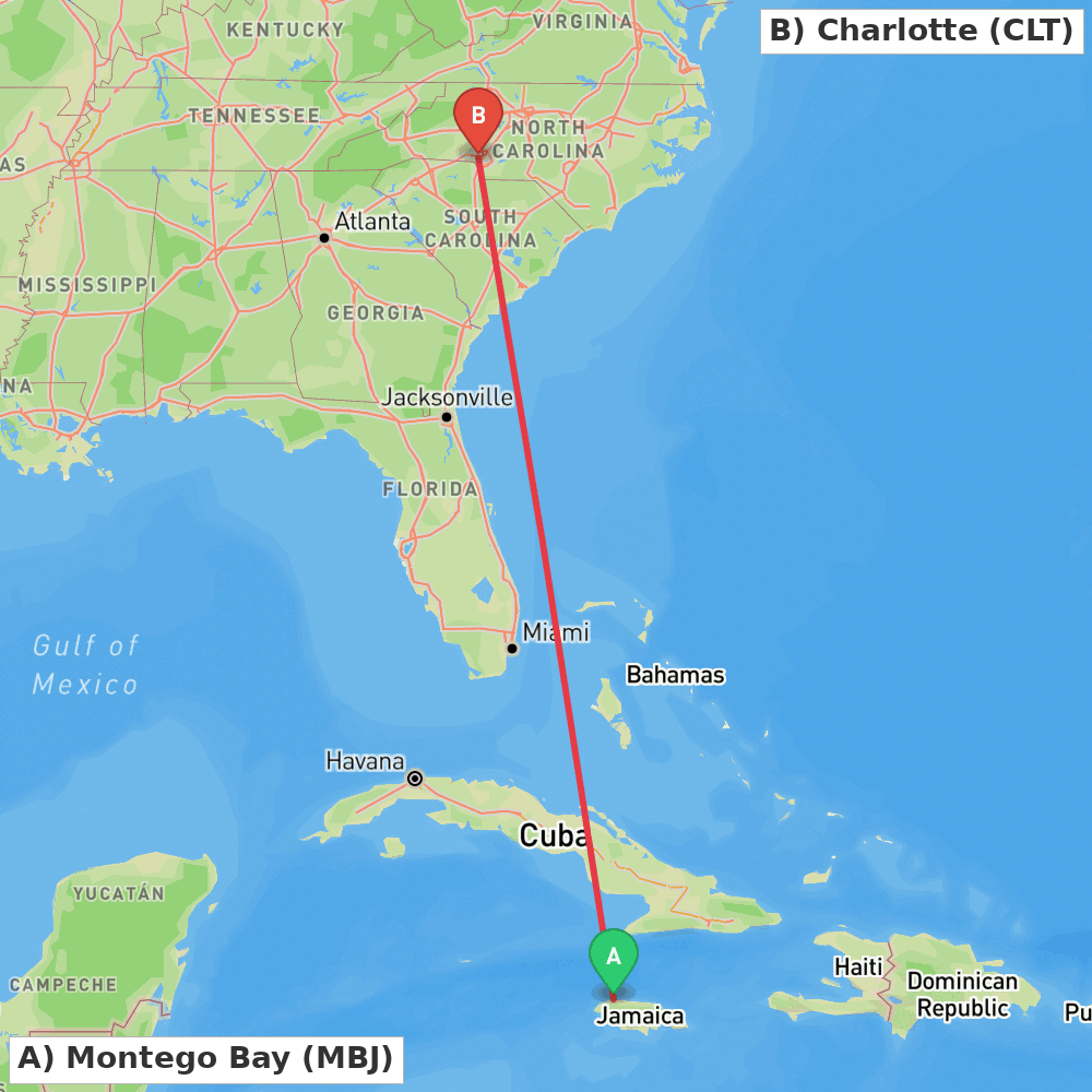 Flight route map from Montego Bay to Charlotte