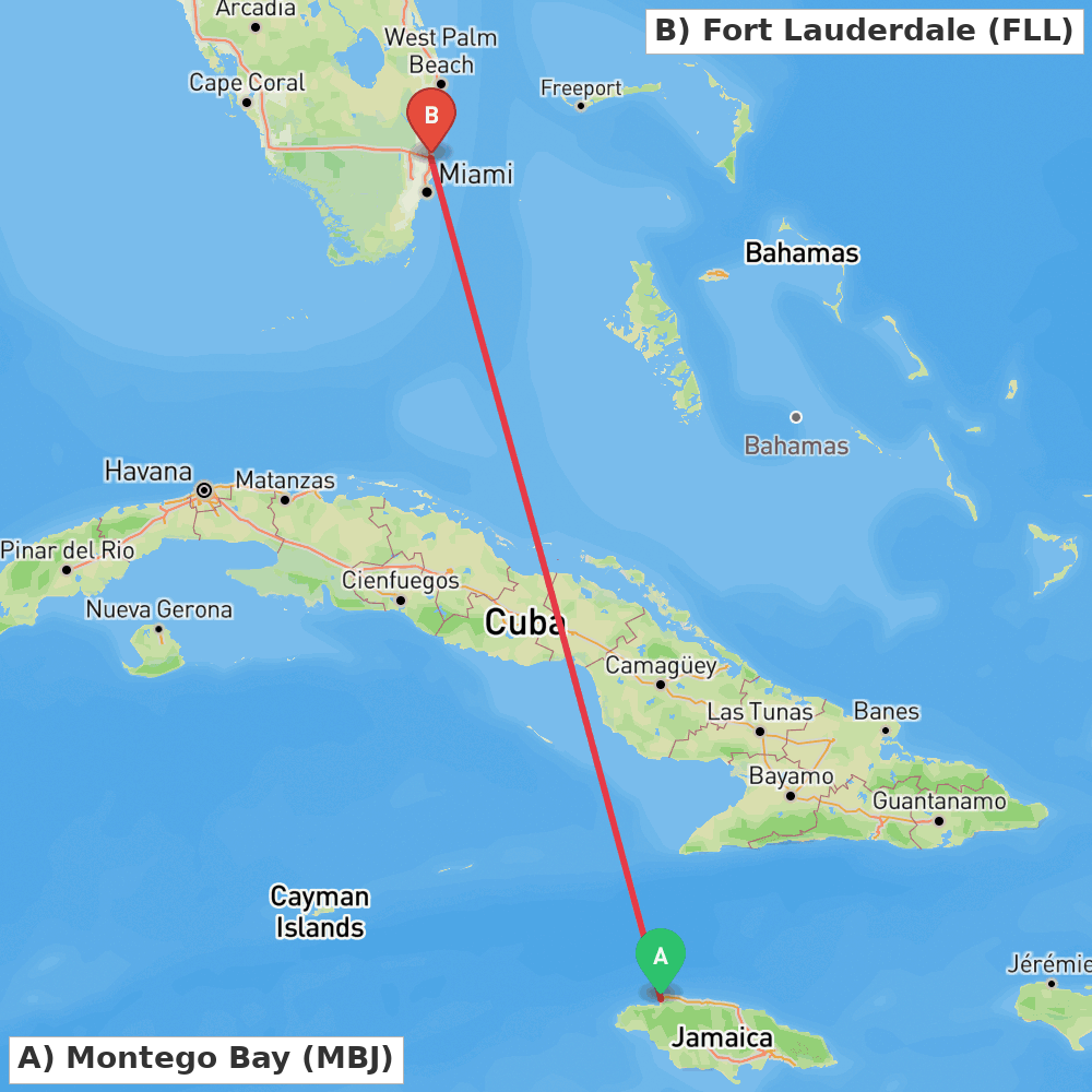 Flight route map from Montego Bay to Fort Lauderdale