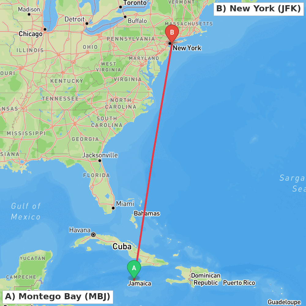 Flight route map from Montego Bay to New York