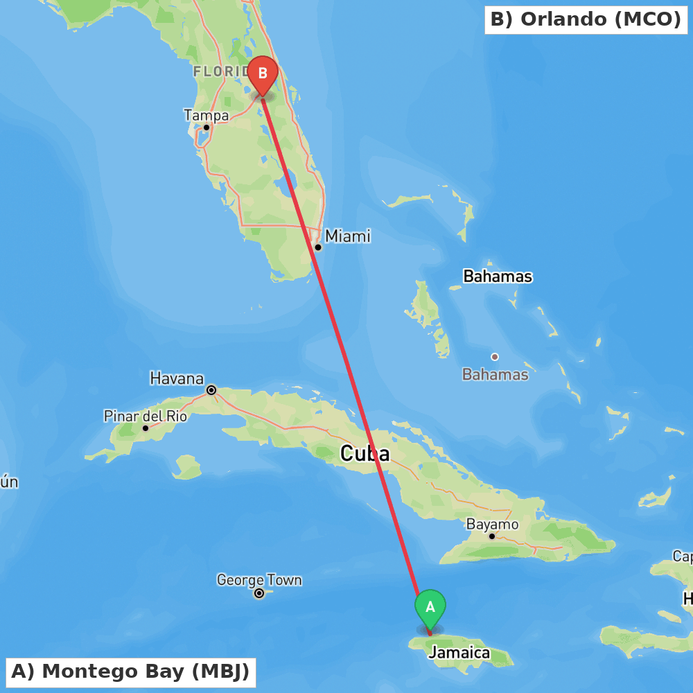 Flight route map from Montego Bay to Orlando