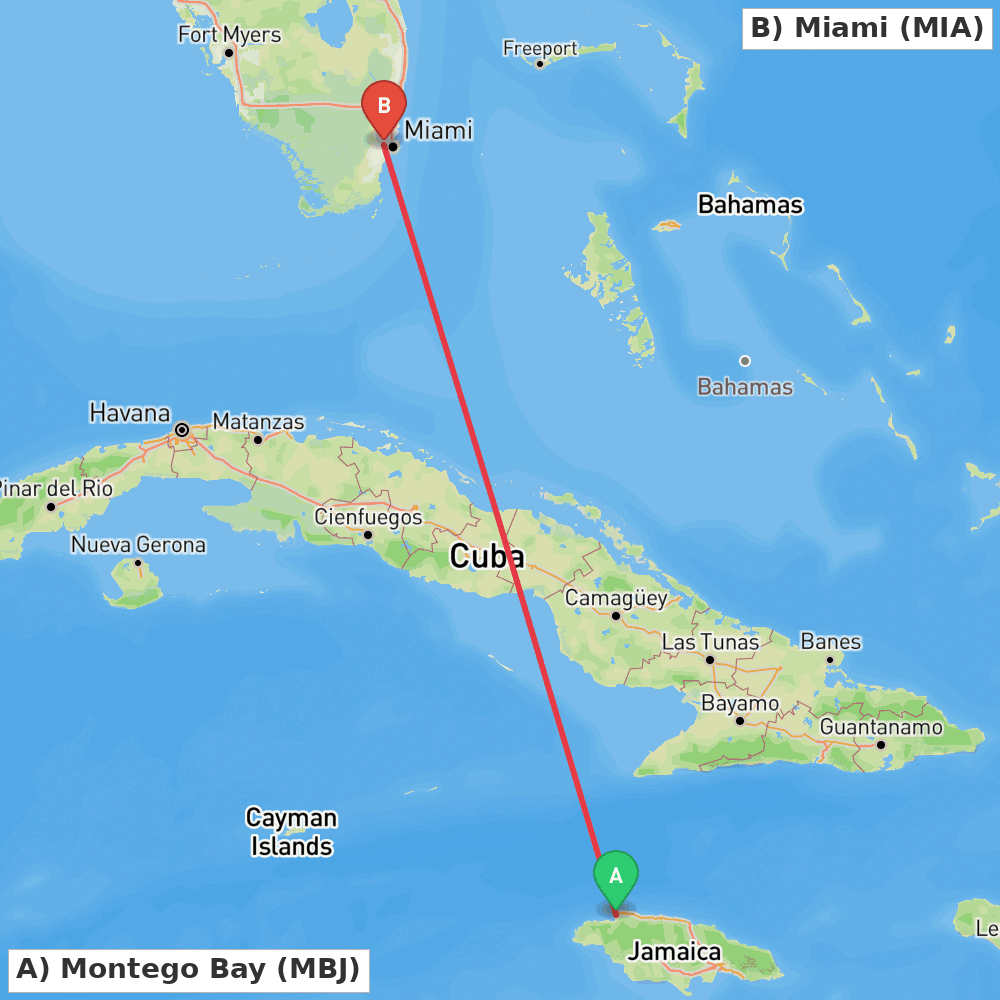 Flight route map from Montego Bay to Miami