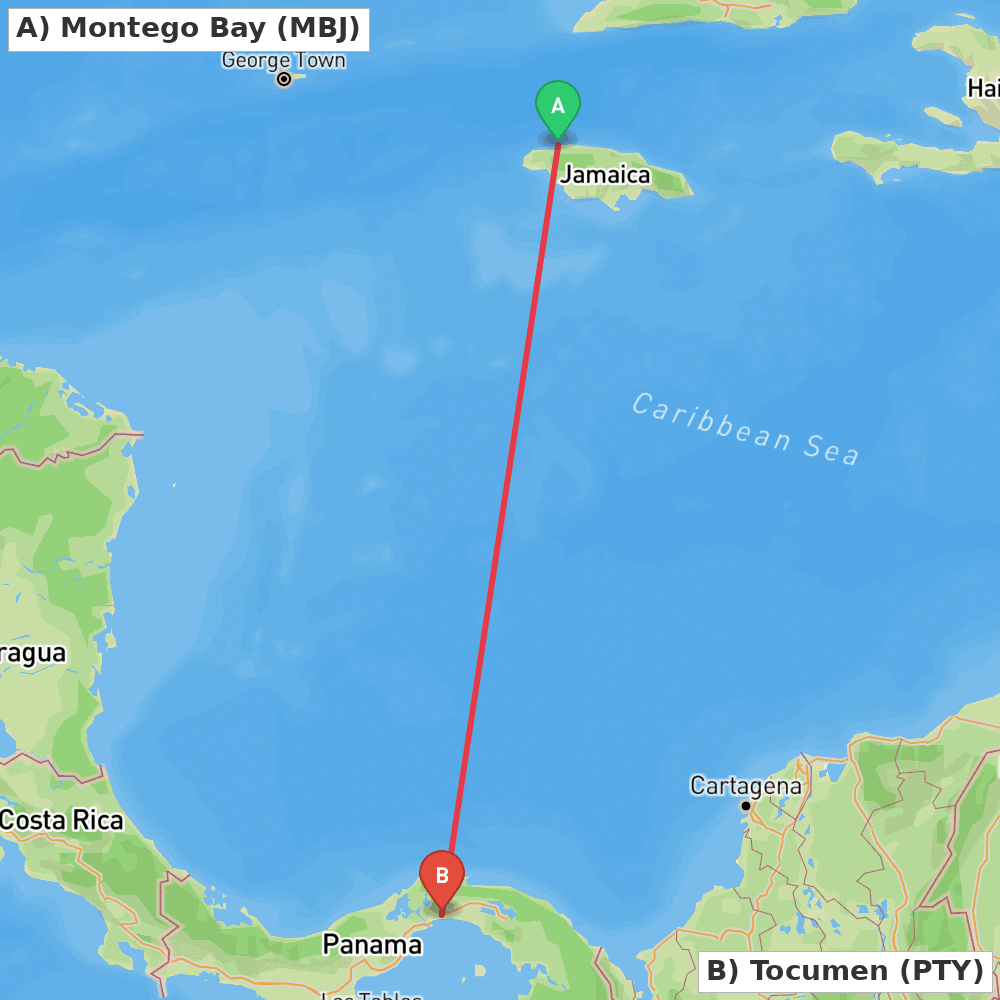 Flight route map from Montego Bay to Tocumen
