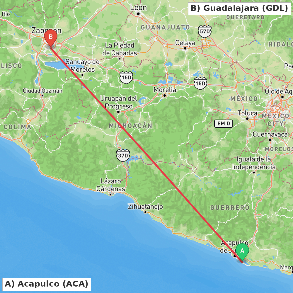Flight route map from Acapulco to Guadalajara