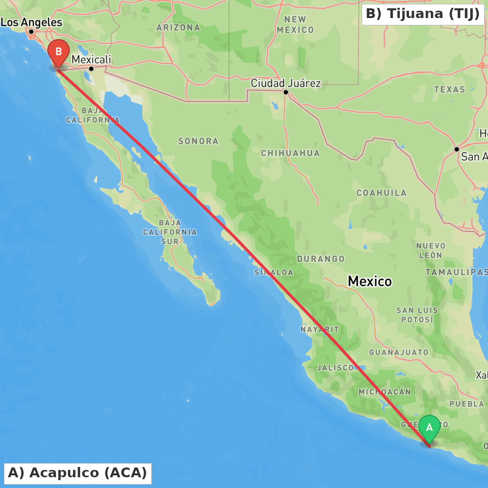 Flight route map from Acapulco to Tijuana