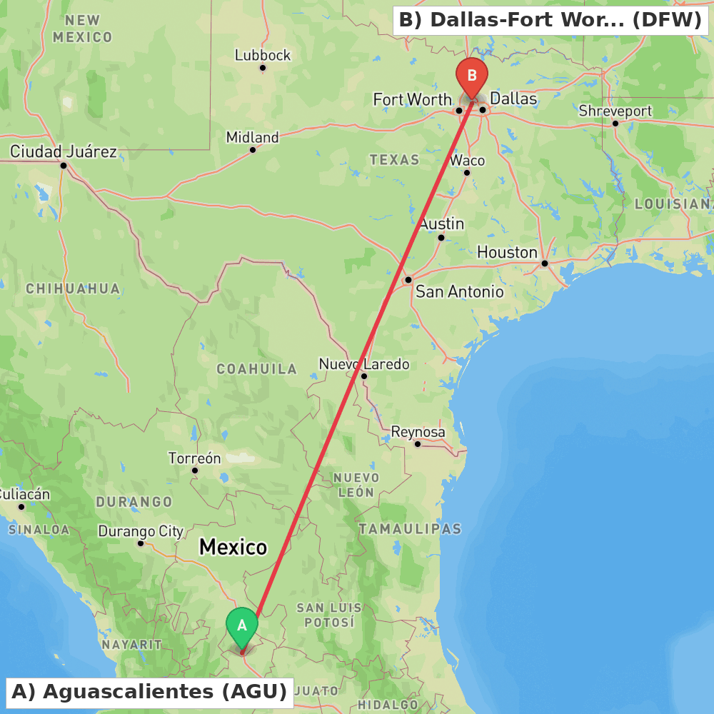 Flight route map from Aguascalientes to Dallas-Fort Worth