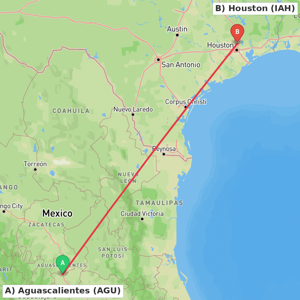 Flight route map from Aguascalientes to Houston