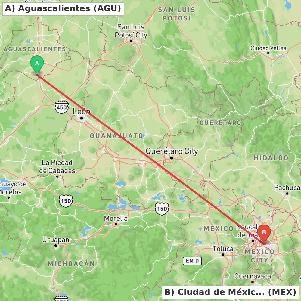 Flight route map from Aguascalientes to Ciudad de México