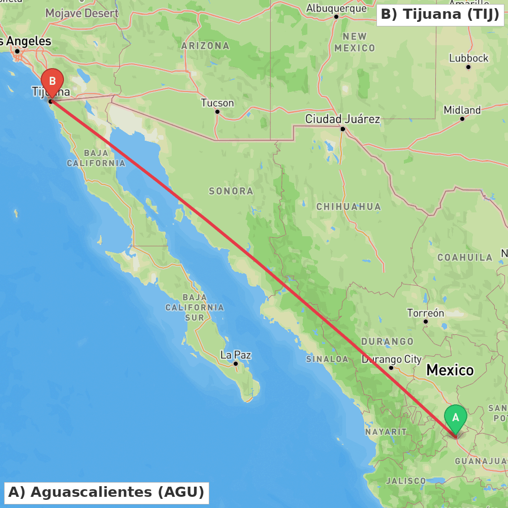 Flight route map from Aguascalientes to Tijuana