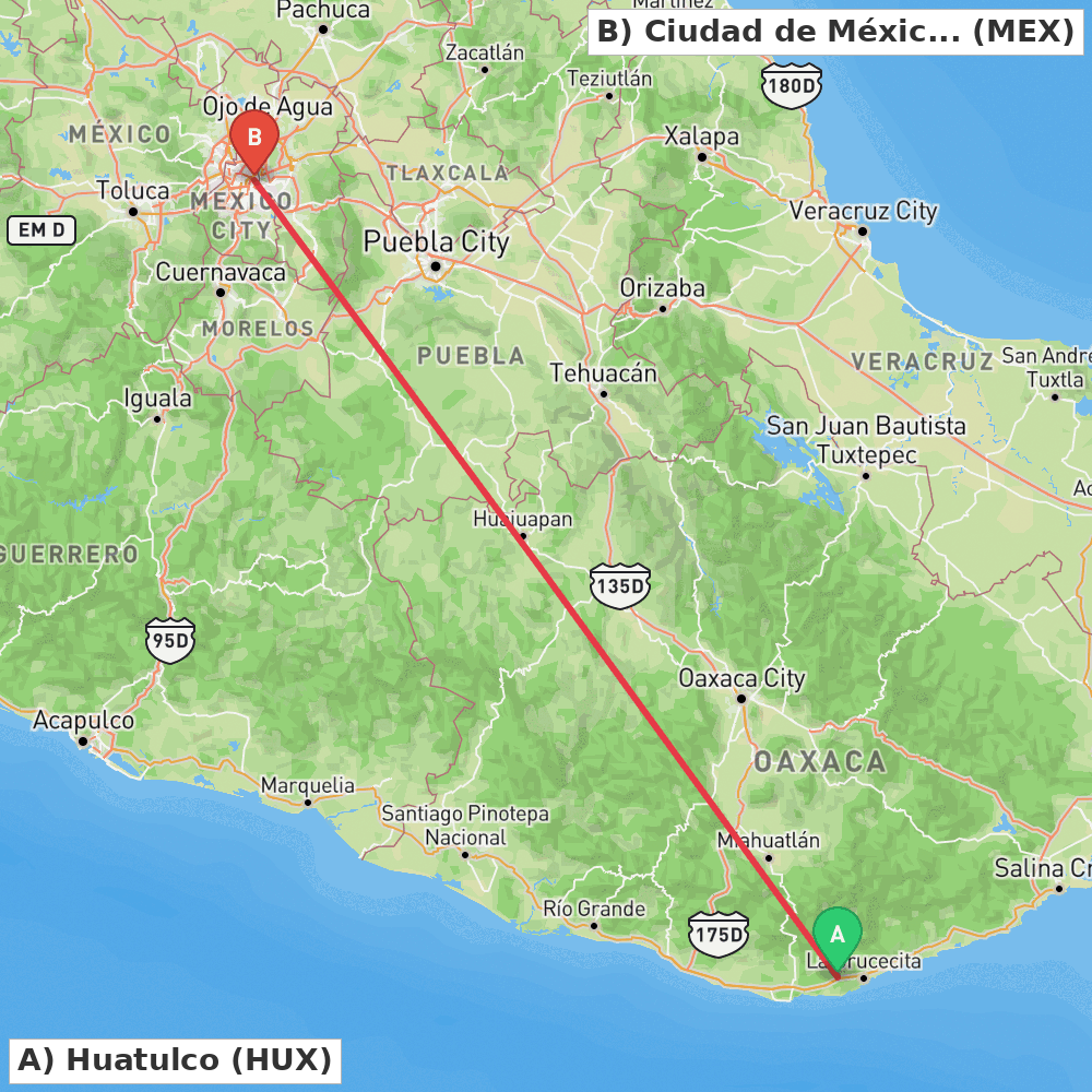 Flight route map from Huatulco to Ciudad de México