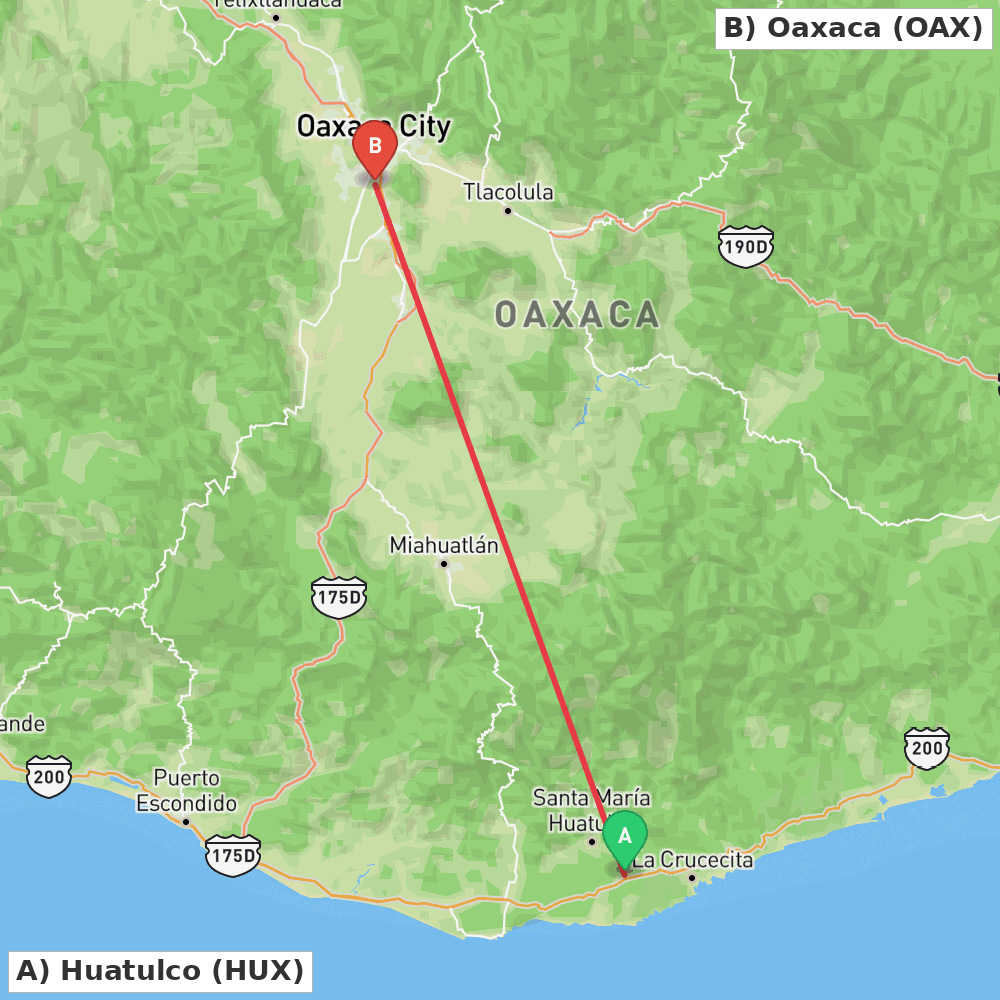 Flight route map from Huatulco to Oaxaca