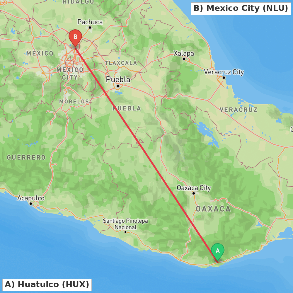 Flight route map from Huatulco to Mexico City