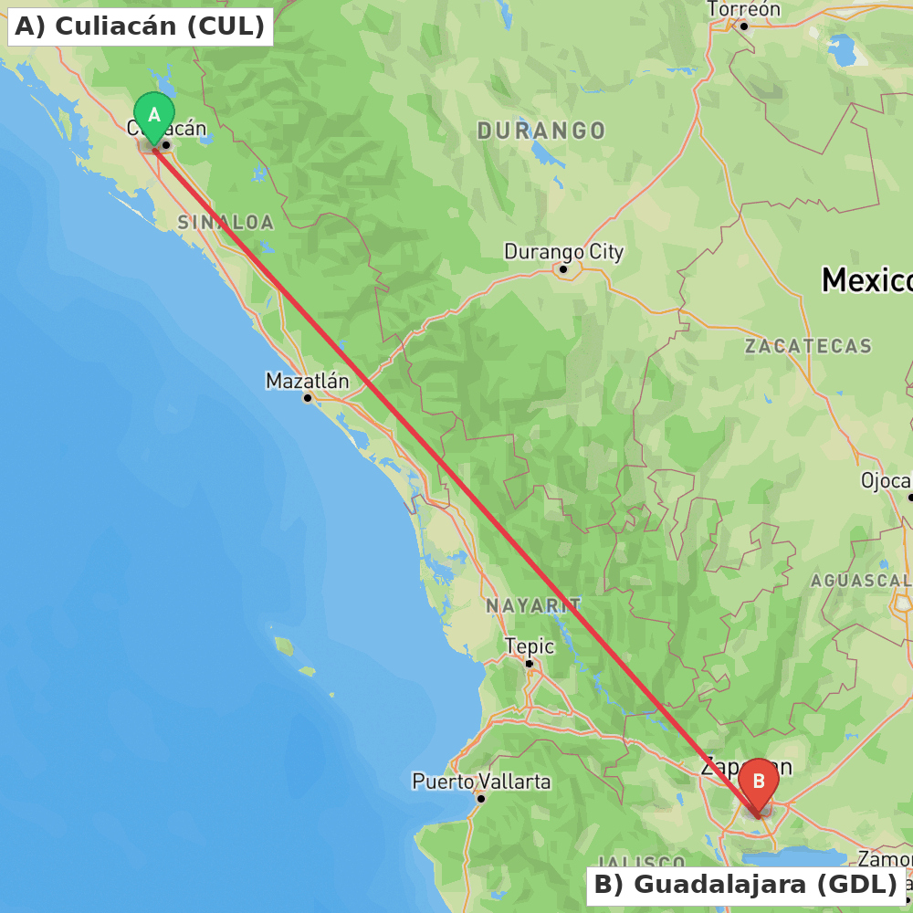 Flight route map from Culiacán to Guadalajara