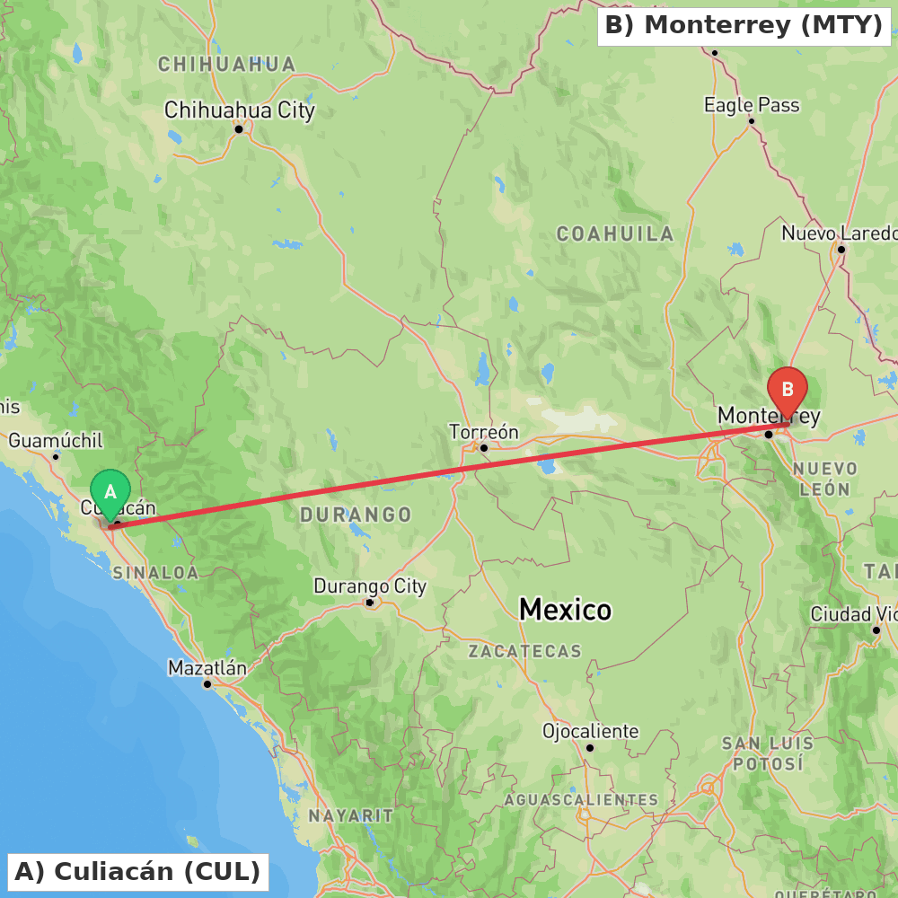 Flight route map from Culiacán to Monterrey