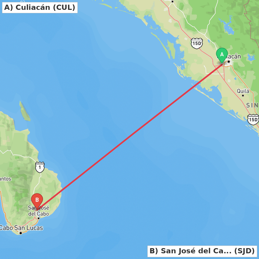 Flight route map from Culiacán to San José del Cabo