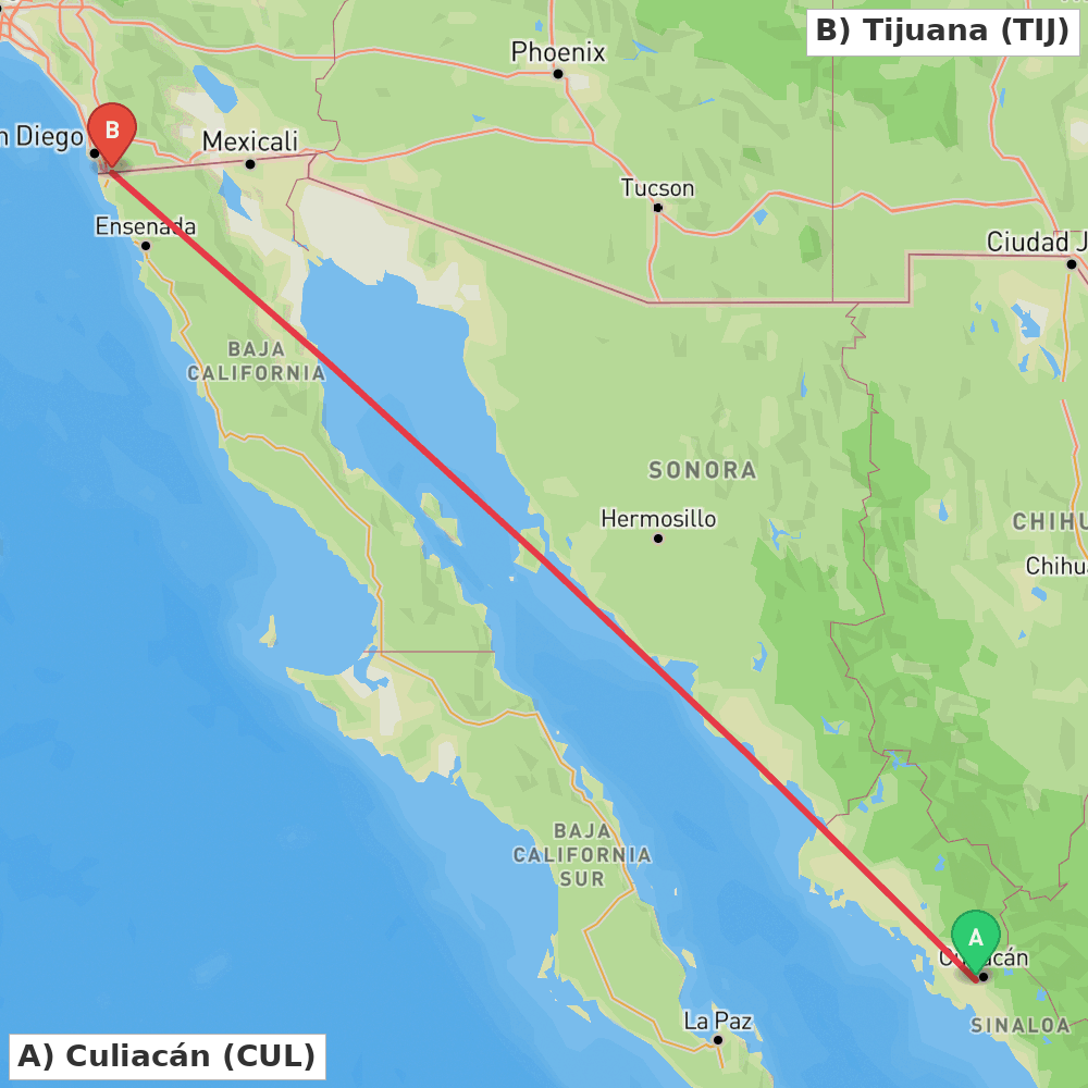 Flight route map from Culiacán to Tijuana