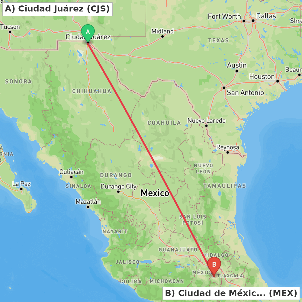 Flight route map from Ciudad Juárez to Ciudad de México