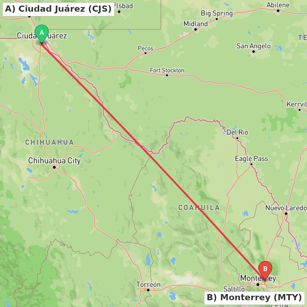 Flight route map from Ciudad Juárez to Monterrey