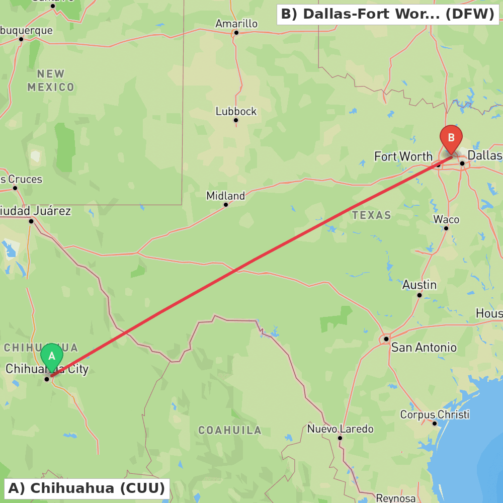 Flight route map from Chihuahua to Dallas-Fort Worth